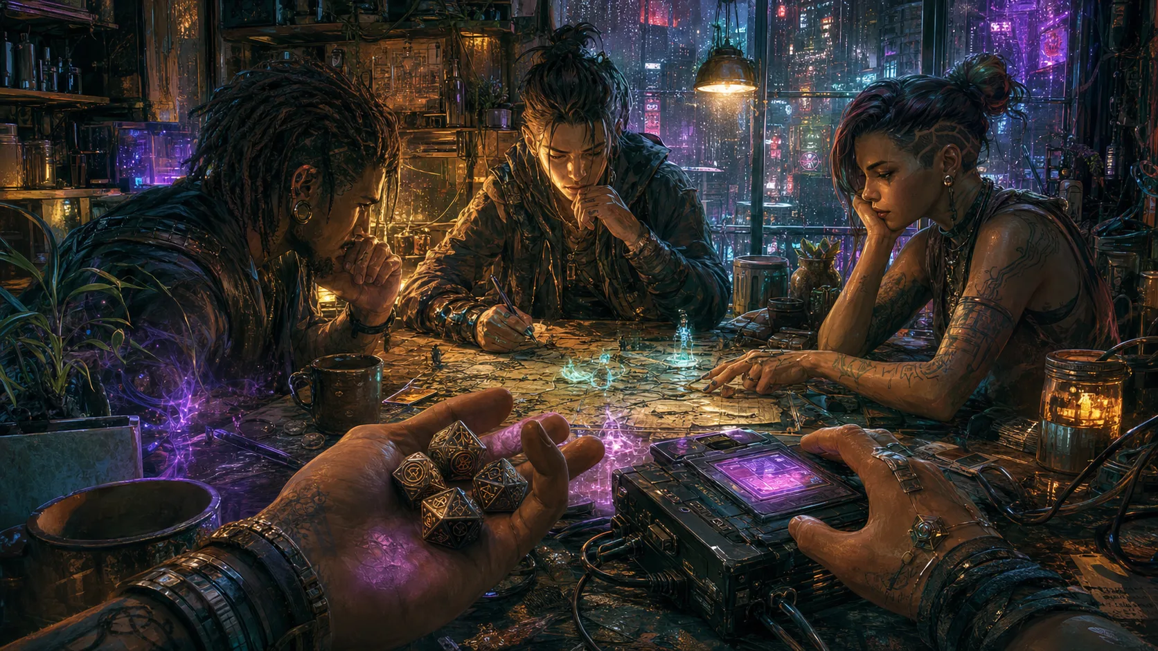 An original tabletop group considers abstract occult dice beside a battered cyberdeck