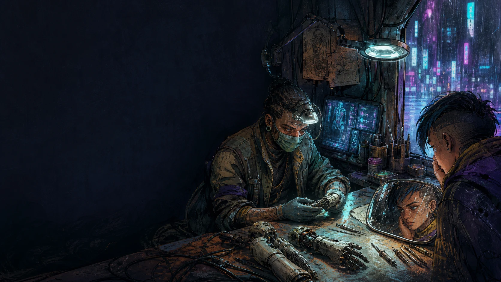 An original street-clinic surgeon studies modular cyberware while an edgerunner watches their reflection in a chrome tray
