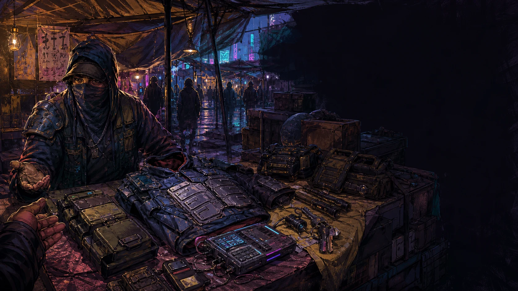 An original masked Night Market vendor offers gear across a rain-slick neon market stall