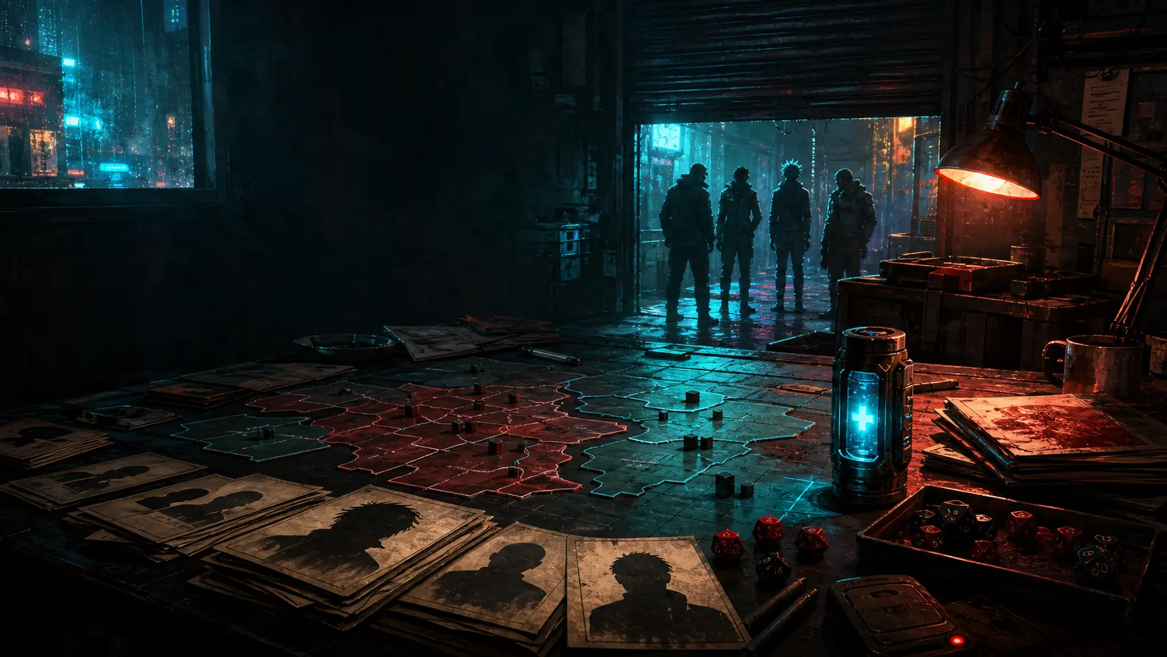 A neon-lit GM prep desk with clue cards, district maps, a medical beacon, and a crew waiting outside