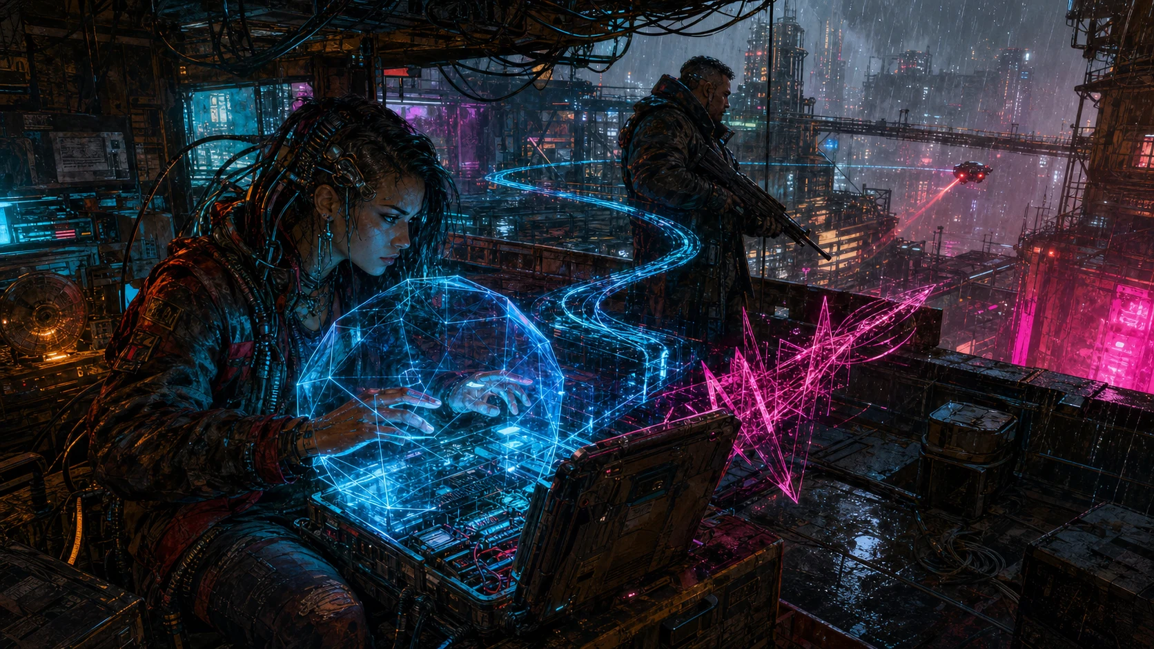 An original Netrunner selects abstract program constructs from a cyberdeck while a teammate guards a dense rain-soaked rooftop service room