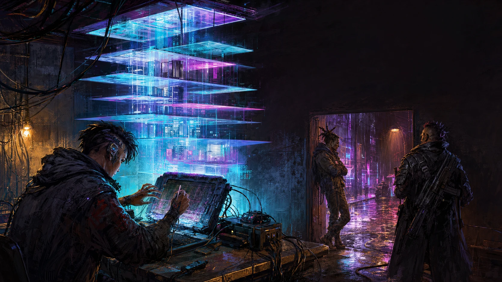 An original Netrunner works through a layered data architecture while teammates cover a doorway