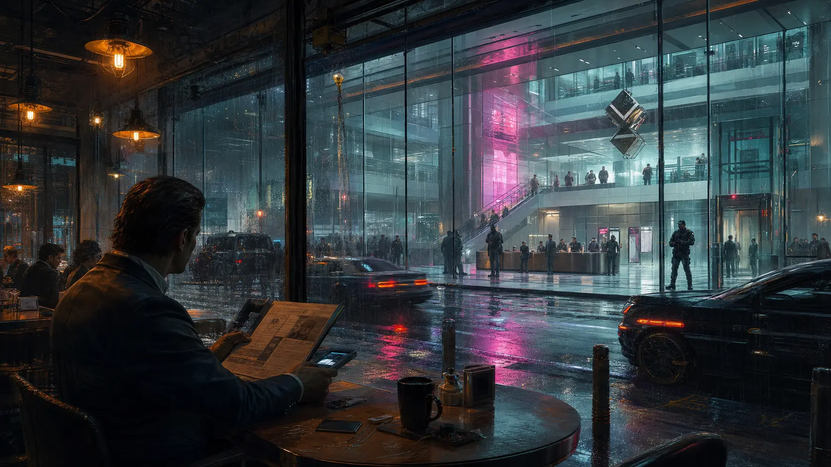 An original Exec studies a corporate lobby from a rain-dark cafe
