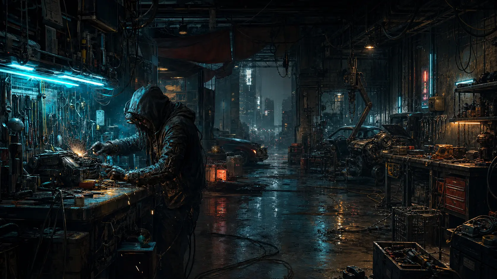 An original Tech repairs improvised crew gear at a crowded rain-dark garage workbench