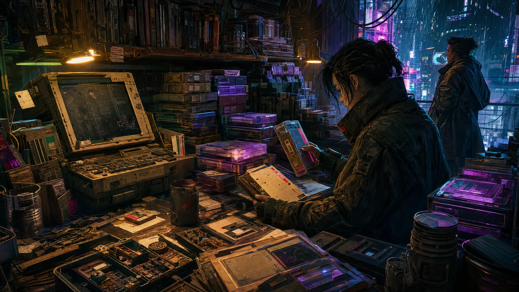 An original Night City archivist sorts anonymous data modules and scenario packets at a crowded rain-lit terminal