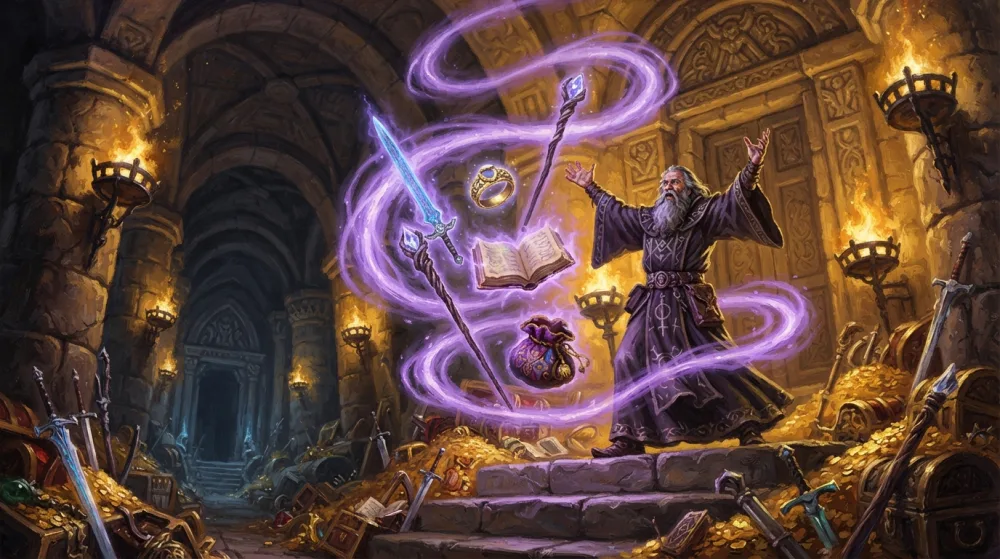 A wizard's vault glows with an array of enchanted weapons, rings, and wondrous items on display