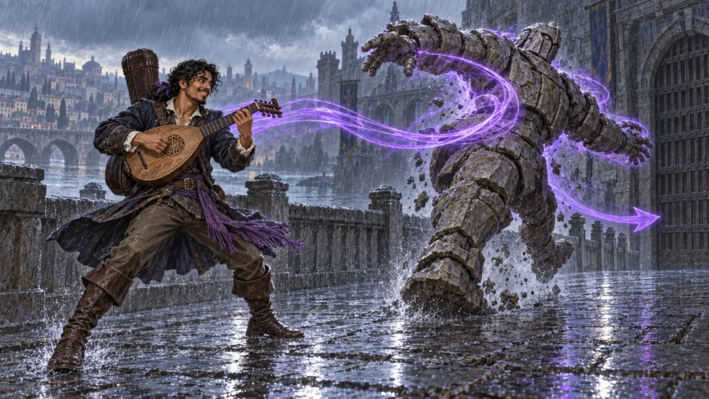 Mateo Lark uses violet music from his lute to redirect a stone guardian on a rain-slick bridge