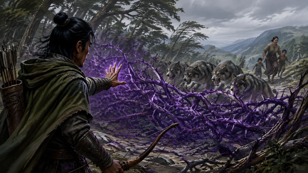 A ranger shapes violet thorny growth to block wolves in a forest