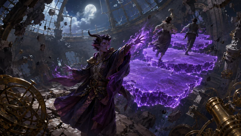 A tiefling wizard creates violet platforms in a collapsing observatory