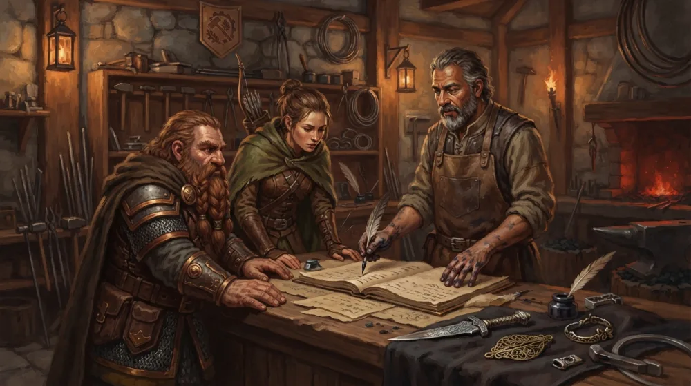 A guild artisan reviews trade ledgers with an adventuring party at a torchlit workshop counter