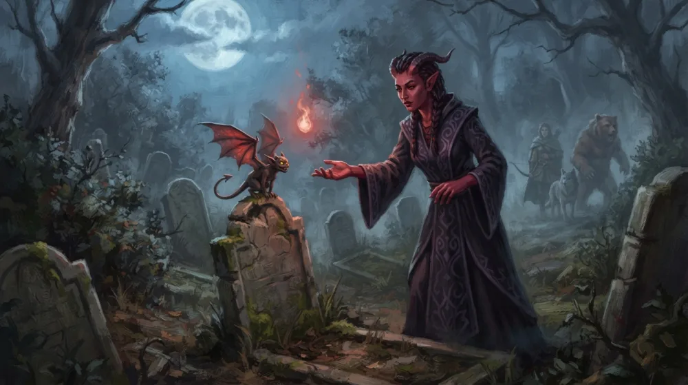 A tiefling warlock summons a winged imp familiar in a misty graveyard while a Ranger and Druid companion pass in the distance