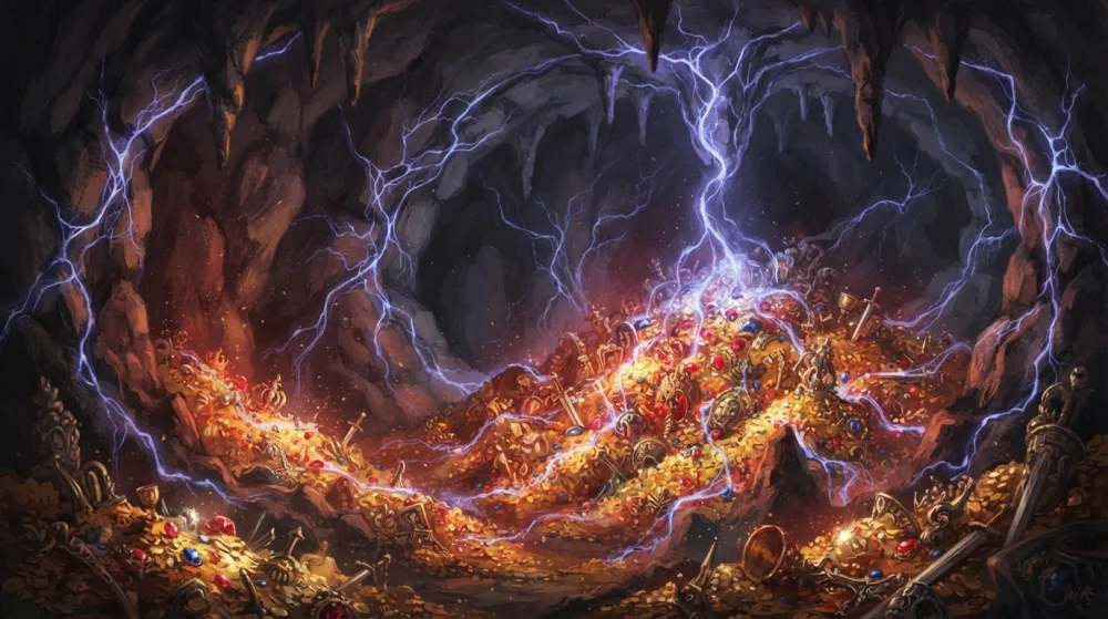 A dragon's cavernous lair with treasure piles catching magical light, ley lines of energy visibly threading through the cave walls and pooling around the hoard