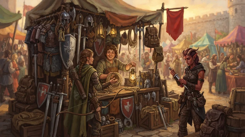 An adventuring party outfits itself at a market stall lined with armor, weapons, and traveling gear